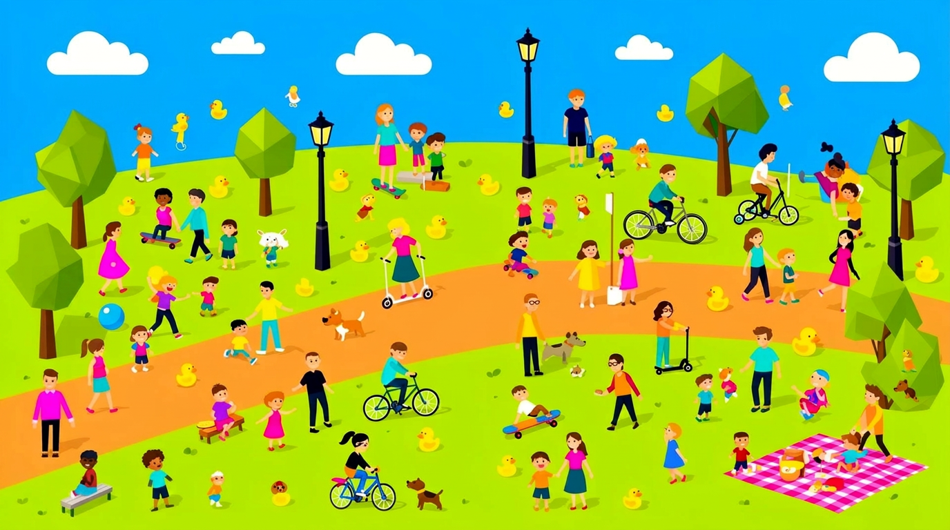 Busy park seek-and-find illustration full of ducks, dogs and bikes
